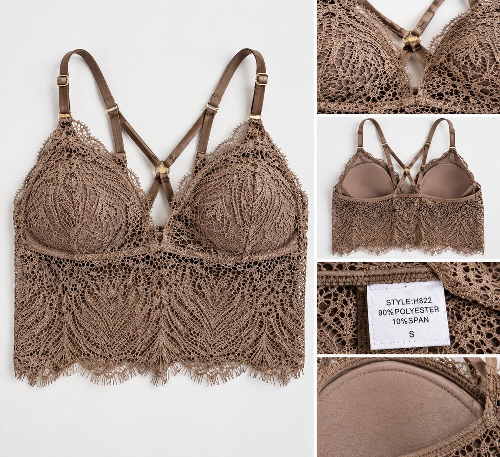 Womens' Lace Bralette Longline Crop Top Padded Brown S